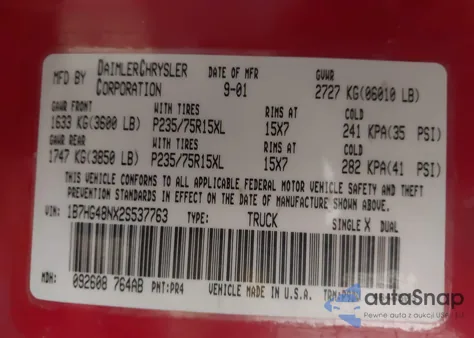 2002 Dodge Dakota Slt z USA, uszkodzony, nr VIN 1B7HG48NX2S537763